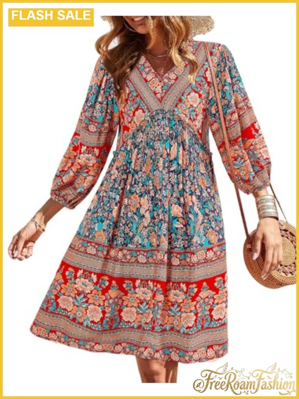Floral V-Neck Mini Dress 3/4 Balloon Sleeve Ruffle Casual Summer